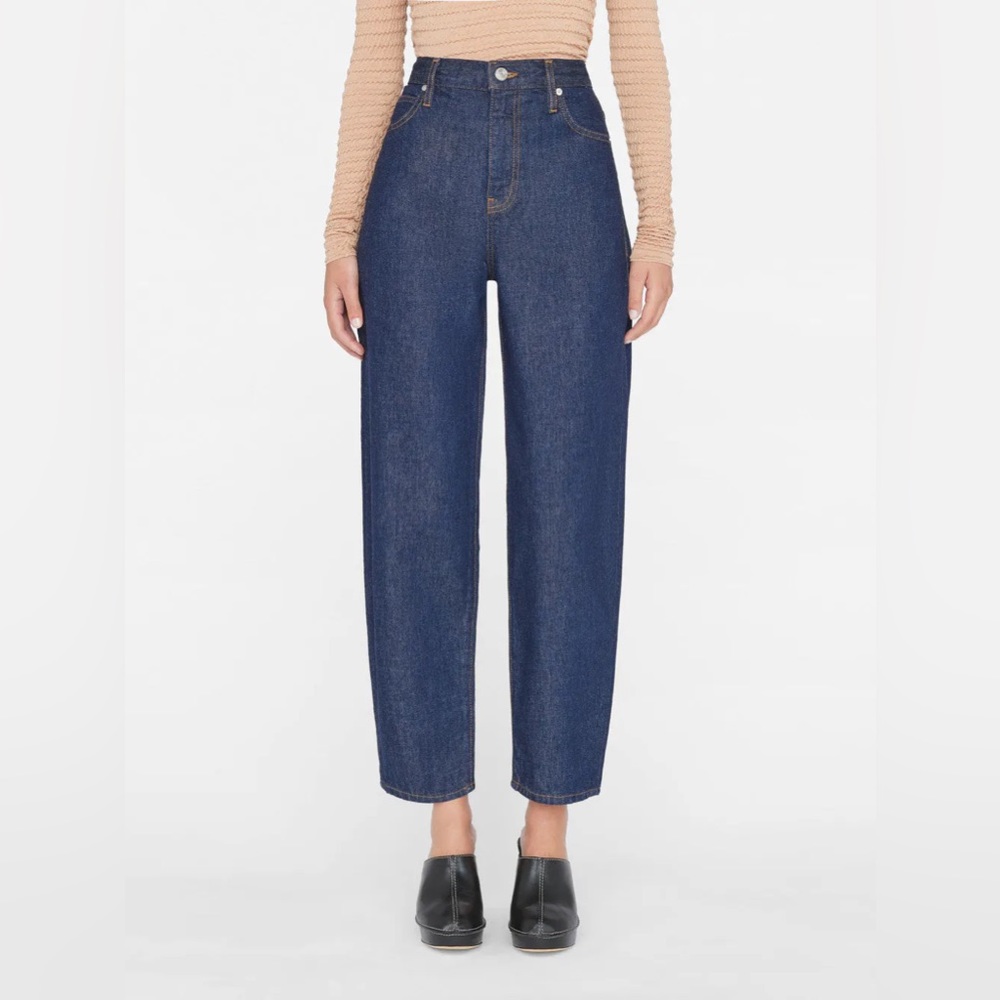 Frame High Rise Barrel Leg Jeans – Dark Rinse, Size 28